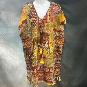 Violet Sky Womens Small Leopard Tropical Tribal Print‎ Kaftan Tassel Cover Up